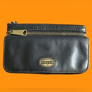 Fossil Black Leather Pouch with Gold Zipper